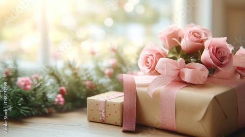 Fototapeta Naklejka Na Ścianę i Meble -  Gifts and roses by window.