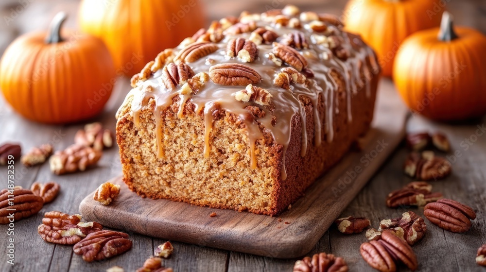 Glazed pumpkin bread with pecans on wooden board. Glazed pumpkin bread with pecans on wooden board.