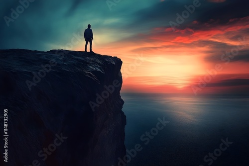 Man standing on the top of a mountain looking at beautiful sunset. Success and power 