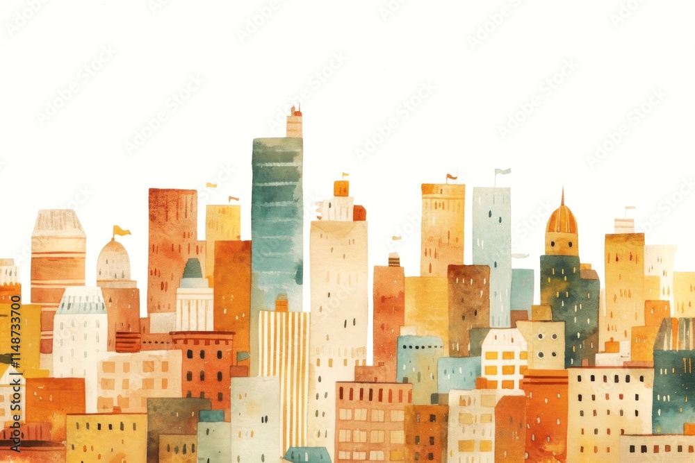 Watercolor cityscape showcasing vibrant urban architecture under a clear sky Watercolor cityscape showcasing vibrant urban architecture under a clear sky