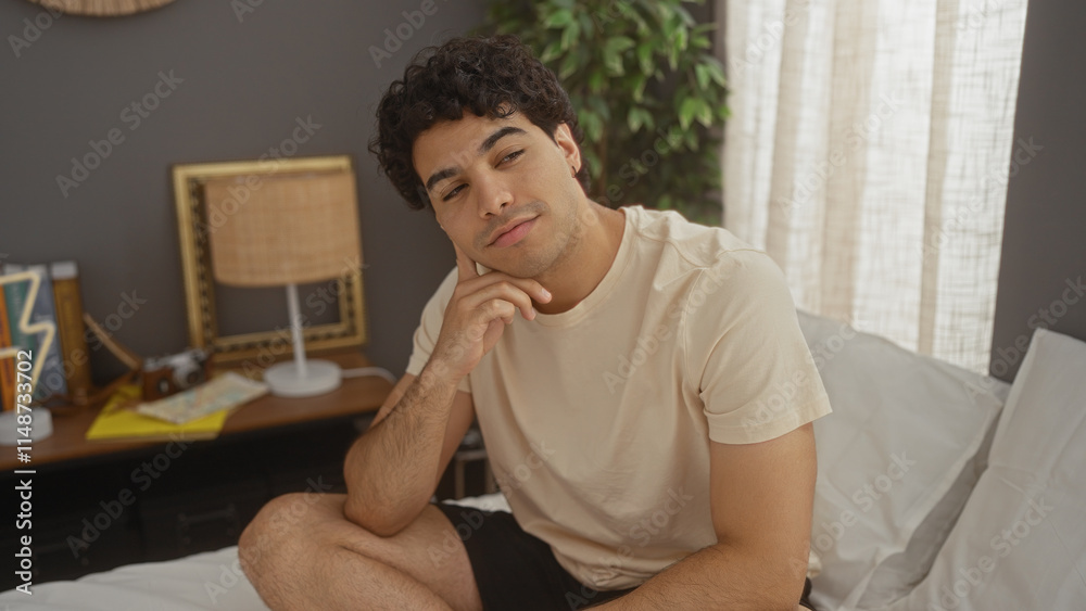 A handsome, young hispanic man sits thoughtfully on a bed in a well-decorated bedroom, featuring lamps and plants, creating a cozy and attractive indoor atmosphere. A handsome, young hispanic man sits thoughtfully on a bed in a well-decorated bedroom, featuring lamps and plants, creating a cozy and attractive indoor atmosphere.