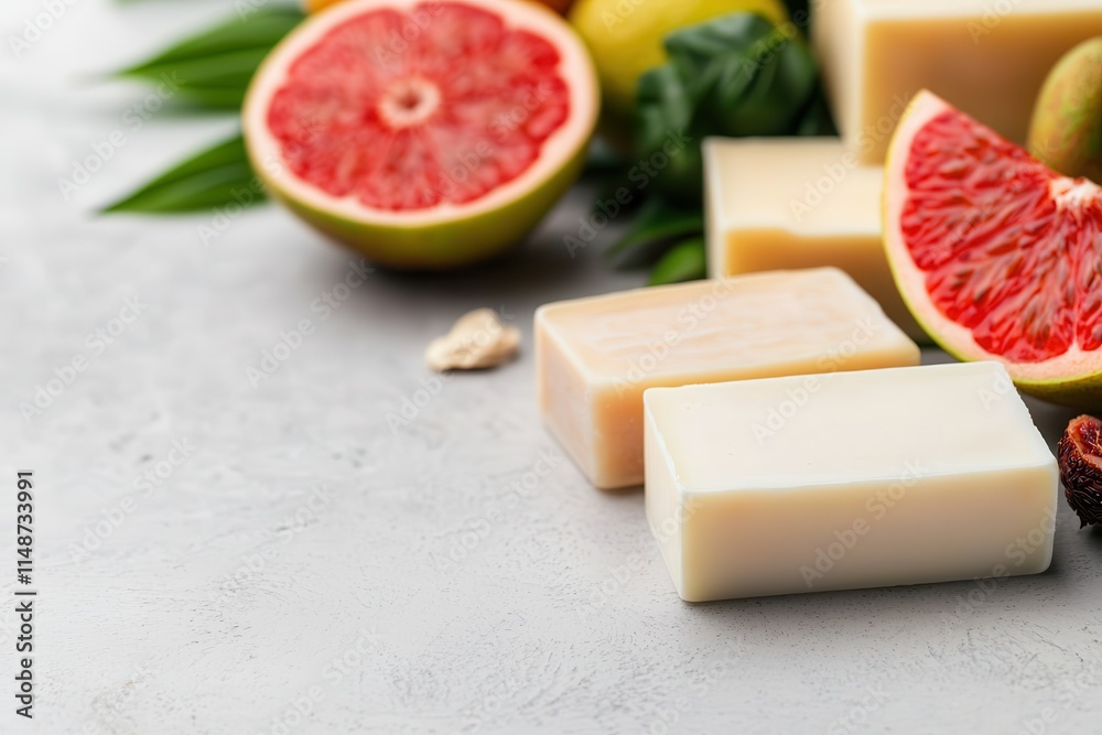 Shea butter creates natural soap. Natural soaps with citrus fruits and greenery on a textured surface Shea butter creates natural soap. Natural soaps with citrus fruits and greenery on a textured surface