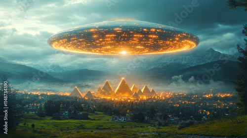 UFO hovers above ancient pyramids in a vast desert landscape glowing with otherworldly magic light evoking themes of mystery wonder and the interplay between ancient civilizations and extraterrestrial photo