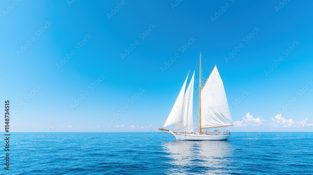Naklejka premium Classic white sailing yacht with full sails gliding across the calm blue ocean under a clear sunny sky.