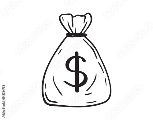 Premium money bag with dollars doodle hand drawn icon. Outline drawing money bag with dollars line clipart symbol