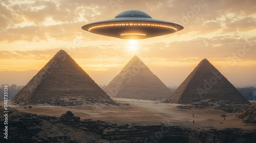 UFO hovers above ancient pyramids in a vast desert landscape glowing with otherworldly magic light evoking themes of mystery wonder and the interplay between ancient civilizations and extraterrestrial photo