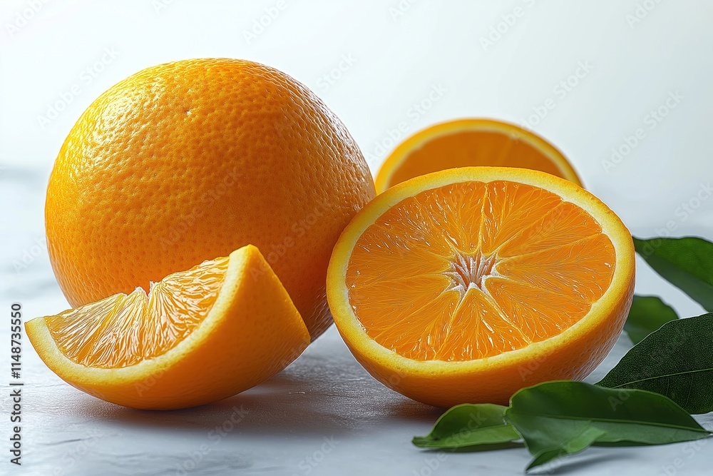 Fototapeta premium Fresh orange fruit with slices, leaves on white background. Juicy, ripe citrus fruit. Healthy food. Natural colors orange yellow, green. Isolated fruit, vegetables. Perfect for healthy diet. Great