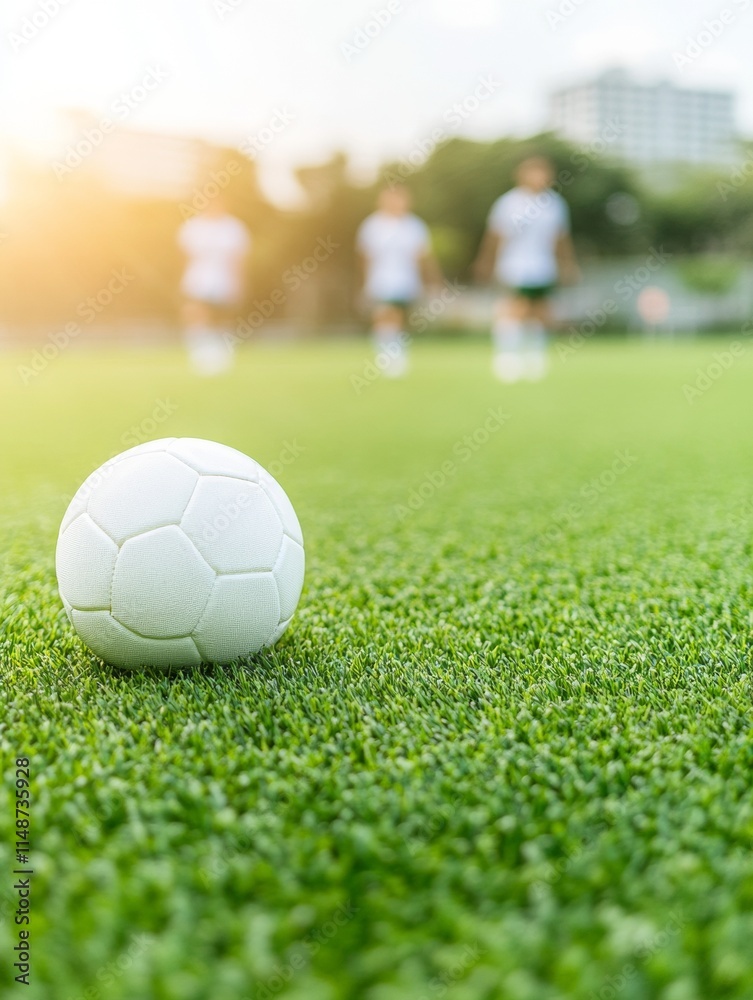 Pastel-Toned Football Field with Blurred Players and Soccer Ball Focus Pastel-Toned Football Field with Blurred Players and Soccer Ball Focus