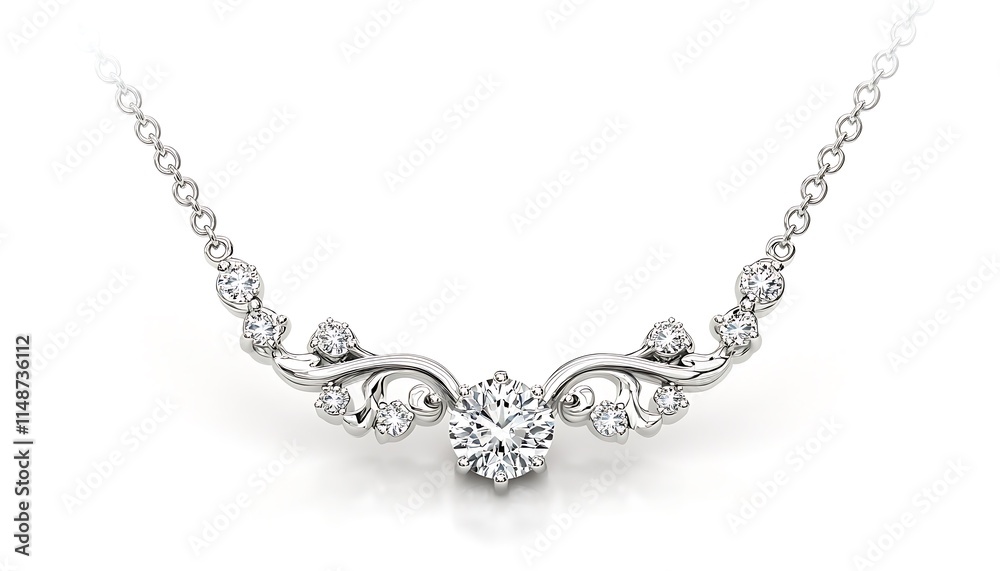 Realistic white gold necklace with diamond pendant, finely detailed, on white background. Realistic white gold necklace with diamond pendant, finely detailed, on white background.