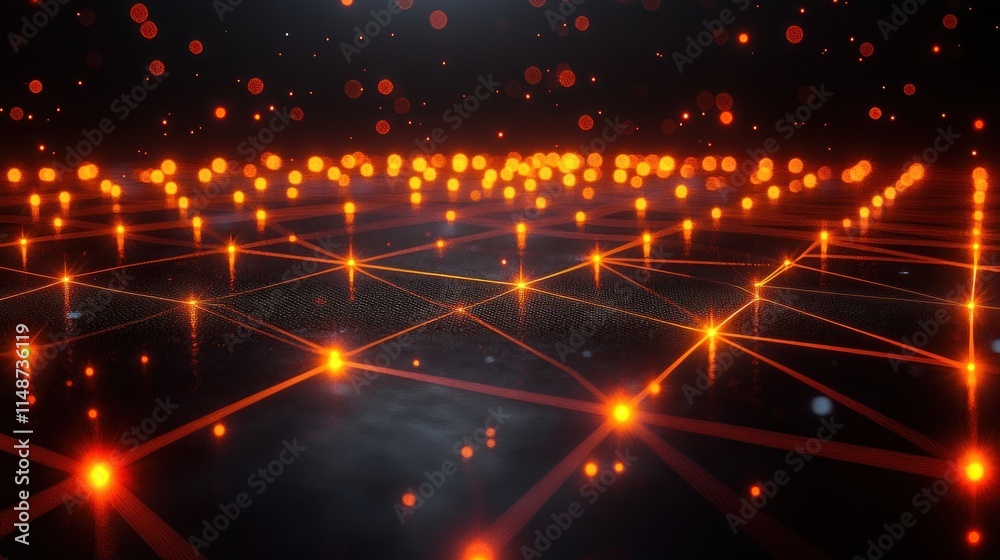 Fototapeta premium Glowing network grid with orange lights and bokeh.