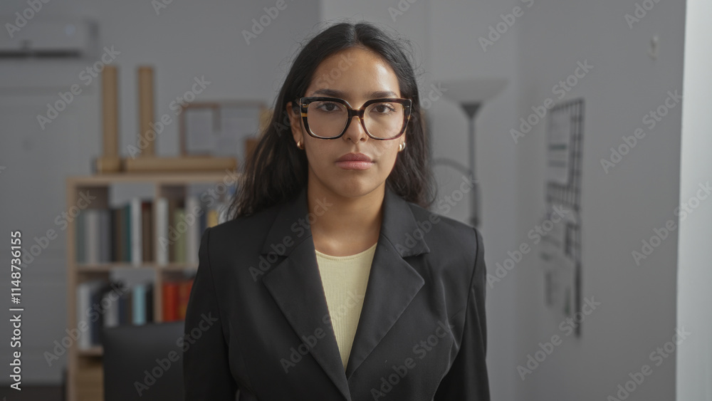 Woman wearing glasses and a black blazer stands in an office with bookshelves and a lamp in the background, looking confident and professional Woman wearing glasses and a black blazer stands in an office with bookshelves and a lamp in the background, looking confident and professional
