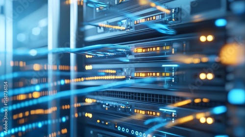 A close-up photo of a server rack with numerous blue and yellow cables neatly organized and secured using cable ties. The cables are connected to various ports on the server rack. photo