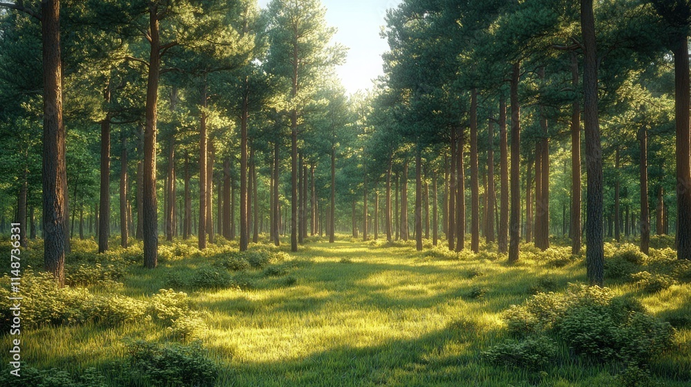 Obraz premium Sunlit path through a pine forest.