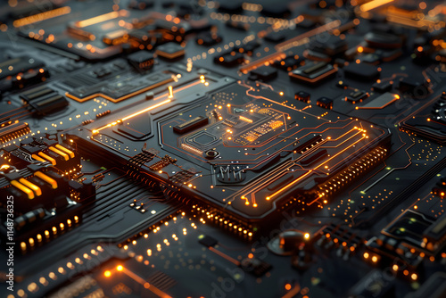 Intricate Electronic Circuit Board with Detailed Integrated Components and Copper Traces photo