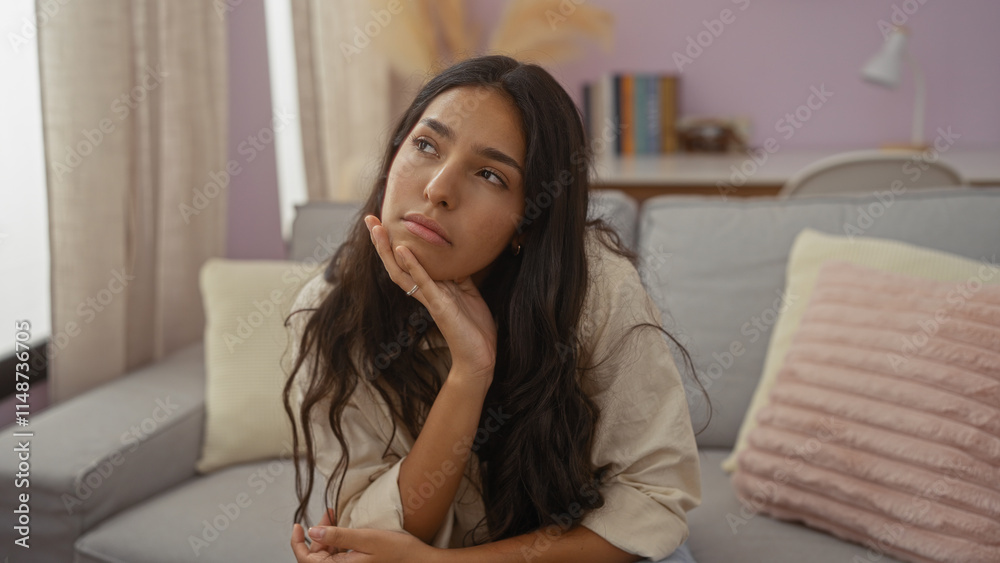 Young hispanic woman with brunette hair sitting on a couch indoors in a modern living room, looking contemplative. Young hispanic woman with brunette hair sitting on a couch indoors in a modern living room, looking contemplative.