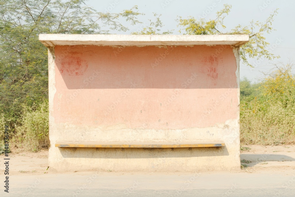 Weathered Rural Bus Stop in India Highlighting Simplicity and Organized Transit in Muted Sunlight Weathered Rural Bus Stop in India Highlighting Simplicity and Organized Transit in Muted Sunlight