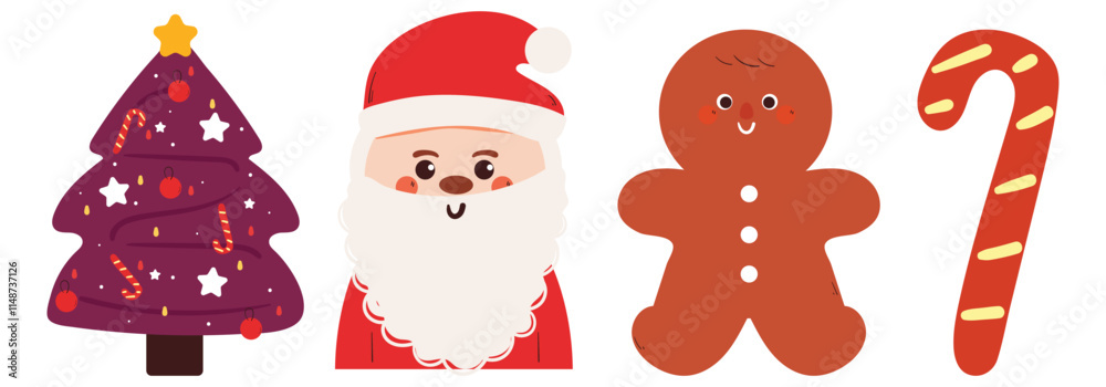 Fototapeta premium hand drawing cartoon christmas sticker set. cute christmas vibes sticker, doodle set
