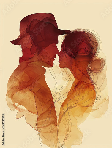 This ethereal artwork captures the intimate silhouette of two lovers entwined in a gentle embrace