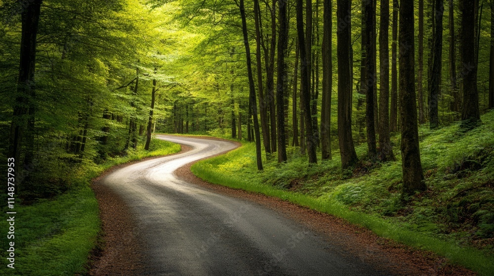 Naklejka premium Meandering road through a dense, enchanting forest in autumn with sunlight filtering through the trees