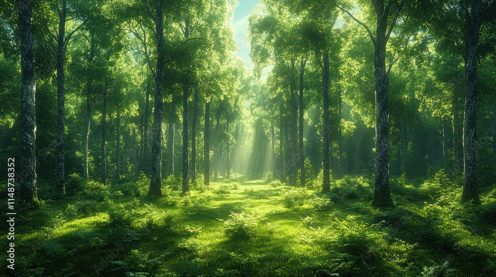 Fototapeta premium Sunlit path through lush green forest.