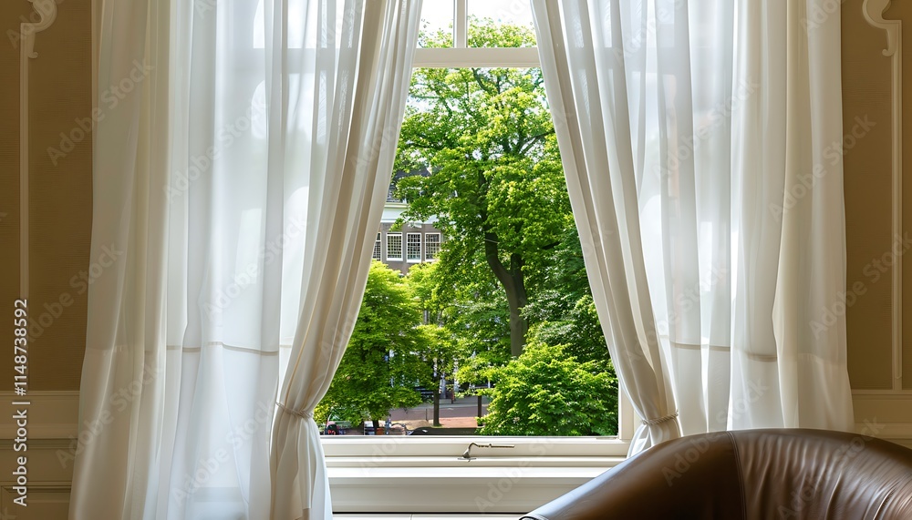 Fototapeta premium White curtains on window, green trees outside, Dutch cityscape, brown leather chair, beige walls.