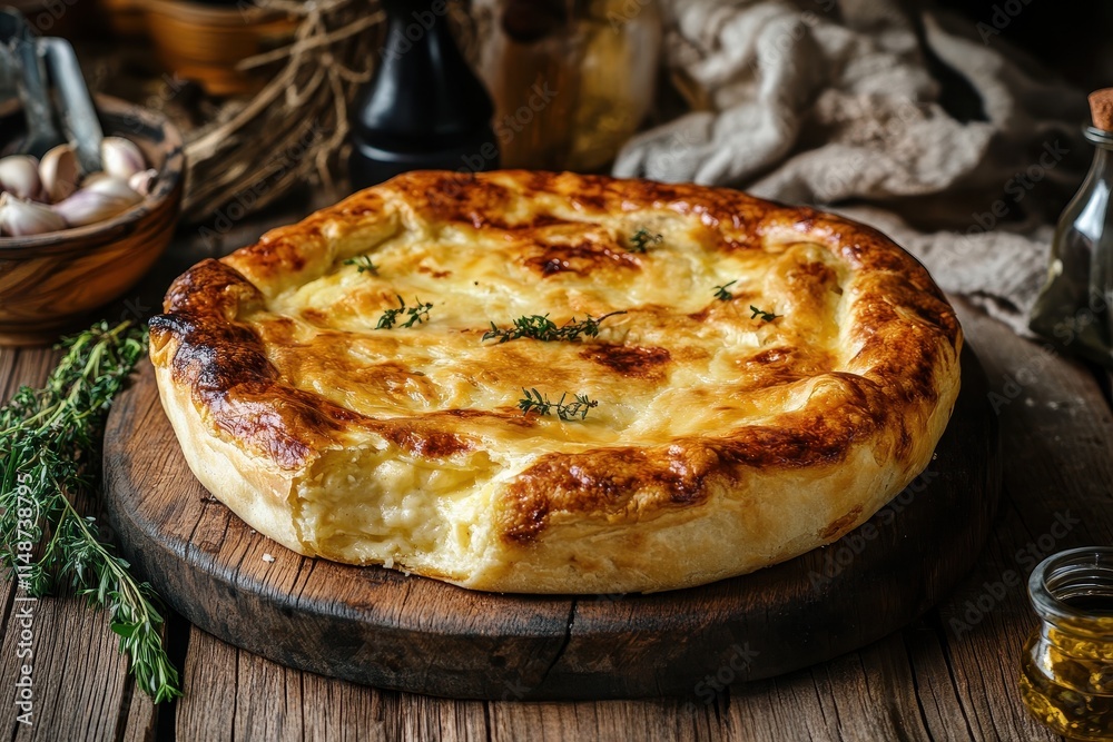 Classic Ossetian cheese pastry on a wooden surface Classic Ossetian cheese pastry on a wooden surface