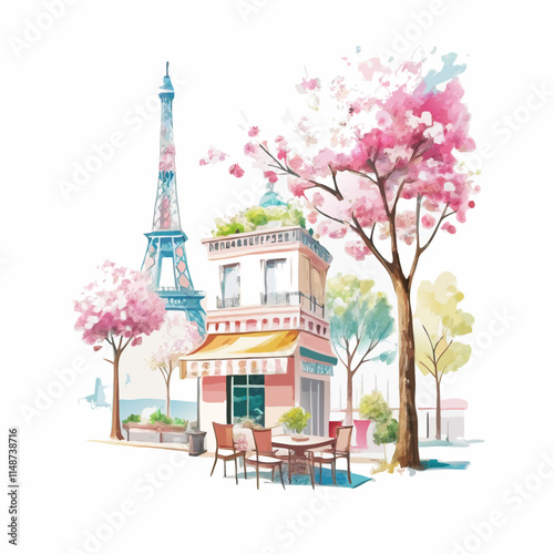 A painting of a Parisian street with a pink tree and a  umbrella The scene is set in a cafe vector illustration  (5)