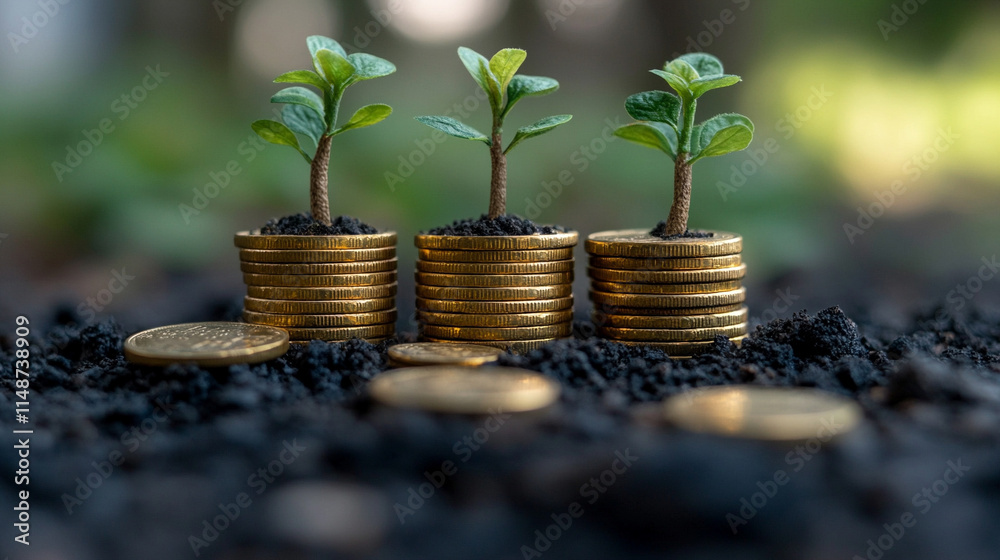 Small trees emerging from piles of gold coins set against a lush green background symbolizing financial growth investment wealth prosperity sustainability and money saving strategies
Small trees emerging from piles of gold coins set against a lush green background symbolizing financial growth investment wealth prosperity sustainability and money saving strategies