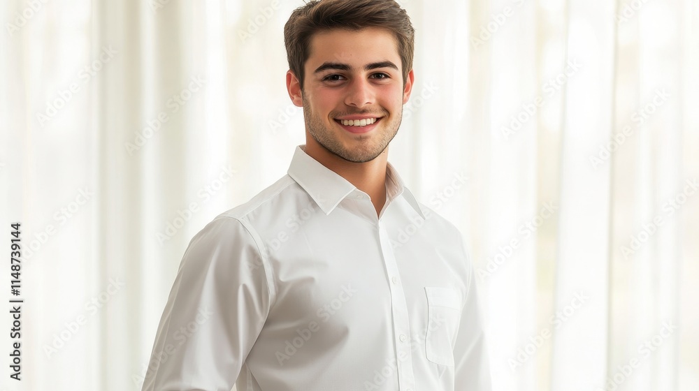 Young Man Smiling in Bright Indoor Setting Young Man Smiling in Bright Indoor Setting