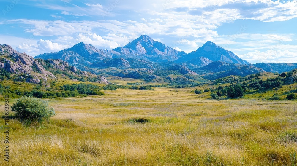 Fototapeta premium Majestic mountain range overlooking a vast, golden meadow under a bright blue sky with fluffy clouds.