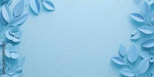 Blue Floral Design with Leaves and Flowers on a Light Blue Background