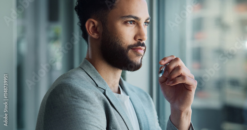Foto Man, smile or thinking at window for business, future or planning for career development in office