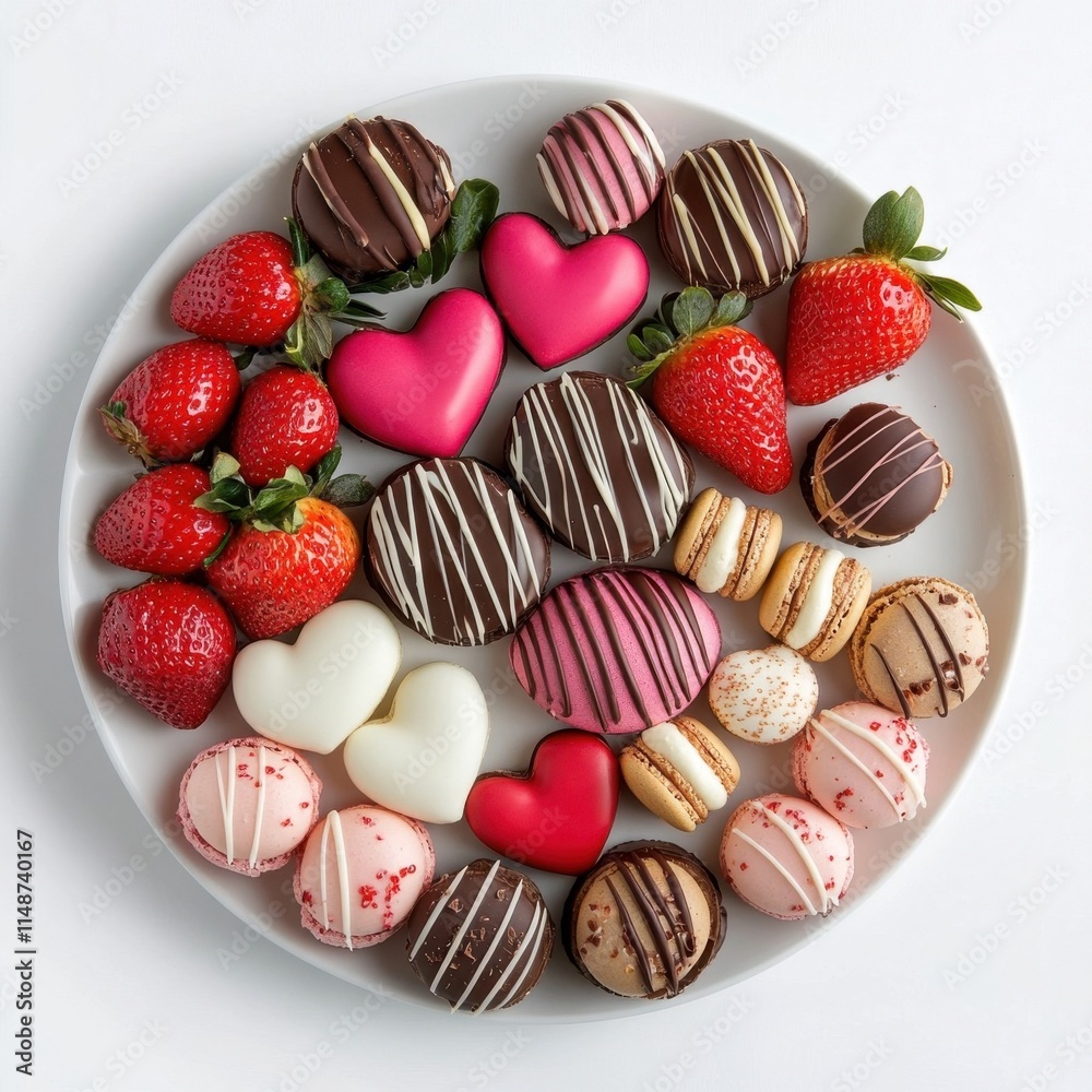 A plate of assorted desserts, including heart-shaped cookies and strawberry tarts, is presented on a white plate. The desserts are arranged in a circular pattern A plate of assorted desserts, including heart-shaped cookies and strawberry tarts, is presented on a white plate. The desserts are arranged in a circular pattern
