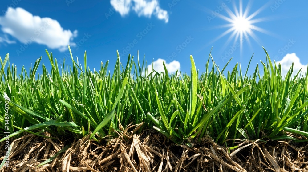Fototapeta premium Lush Green Grass Under a Sunny Sky - Spring Meadow Close-Up