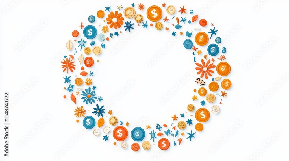 A circular arrangement of colorful shapes and symbols on a white background. A circular arrangement of colorful shapes and symbols on a white background.