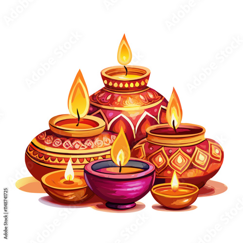 Diwali oil lamps watercolor on white background clipart vector illustration (2)