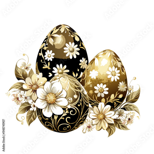 Golden easter eggs with flowers vintage style vector illustration (1)