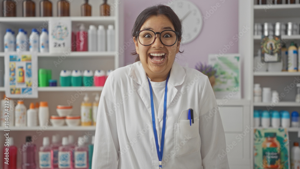 Smiling young hispanic brunette woman pharmacist in white coat standing in a brightly lit pharmacy with various products on shelves behind her. Smiling young hispanic brunette woman pharmacist in white coat standing in a brightly lit pharmacy with various products on shelves behind her.