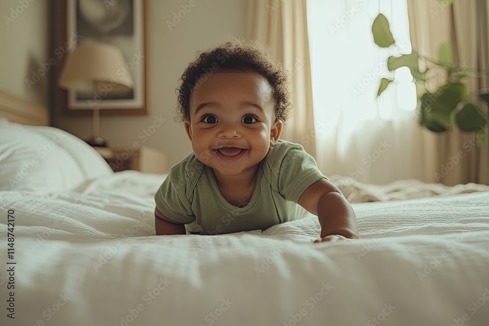 A cute baby crawling on the bed, wearing green and smiling happily at the camera. A cute baby crawling on the bed, wearing green and smiling happily at the camera.