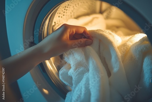 Close up of a woman s hands placing laundry into an open washing machine in the bathroom photo