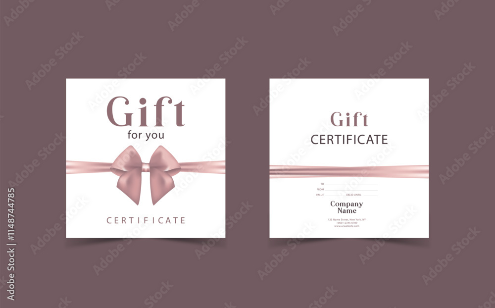 Gift card template with realistic red bow. Certificate, coupon, flyer design. Discount card for shop or boutique. Vector illustration Gift card template with realistic red bow. Certificate, coupon, flyer design. Discount card for shop or boutique. Vector illustration