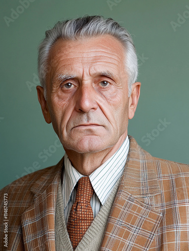 Elderly man in checked suit poses for portrait