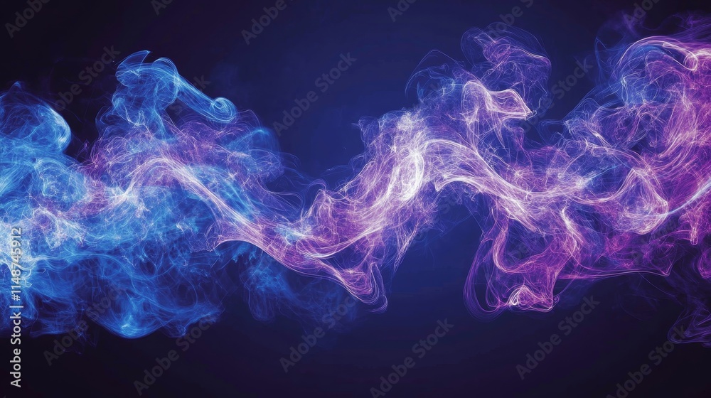Fototapeta premium Abstract swirling smoke in blue and purple hues against a dark background.