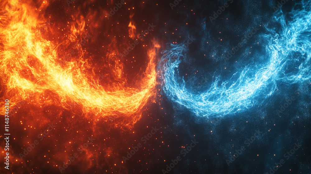 A vivid depiction of red and blue flames swirling together in a blurred abstract motion symbolizing chaos energy transformation conflict and duality representing both harmony and discord in dynamic te A vivid depiction of red and blue flames swirling together in a blurred abstract motion symbolizing chaos energy transformation conflict and duality representing both harmony and discord in dynamic te