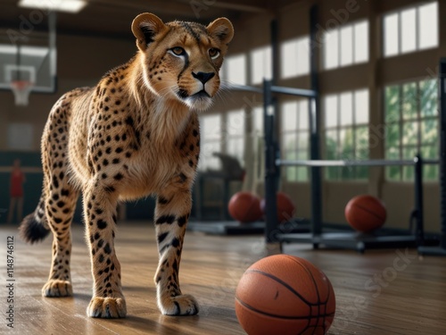 Majestic cheetah standing confidently in a bright basketball court photo