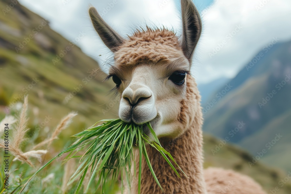 Fototapeta premium Close view of a brown furry llama grazing on green grass