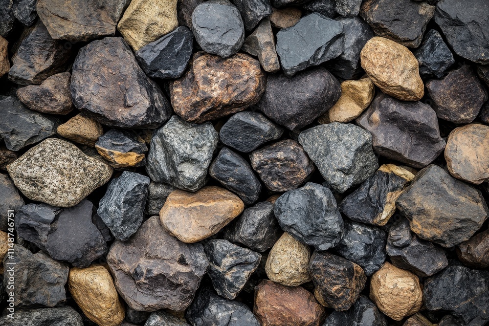 Close up view of various gravel pebbles including dark stone textures like granite and marble available for sale Close up view of various gravel pebbles including dark stone textures like granite and marble available for sale