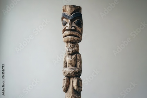 Colorless wooden totem pole photo