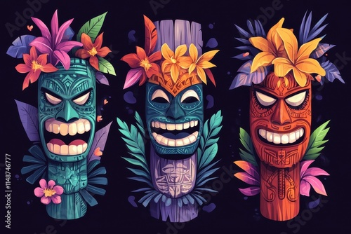 Colorful vector illustration of Tiki masks and Polynesian totems shielding against spirits adorned with floral elements