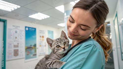 Vet hugging a gray tabby cat in a clinic hallway